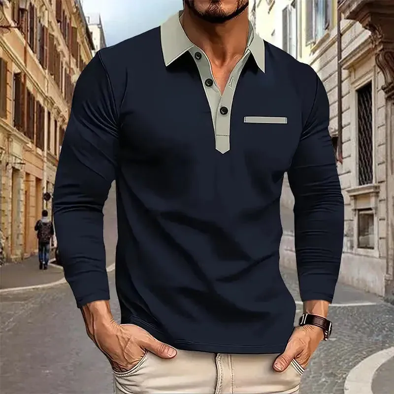 2024 Spring and Autumn European and American Men's Polo Shirt Lapel Pocket T-shirt Men's Breathable Business Casual Long sleeved