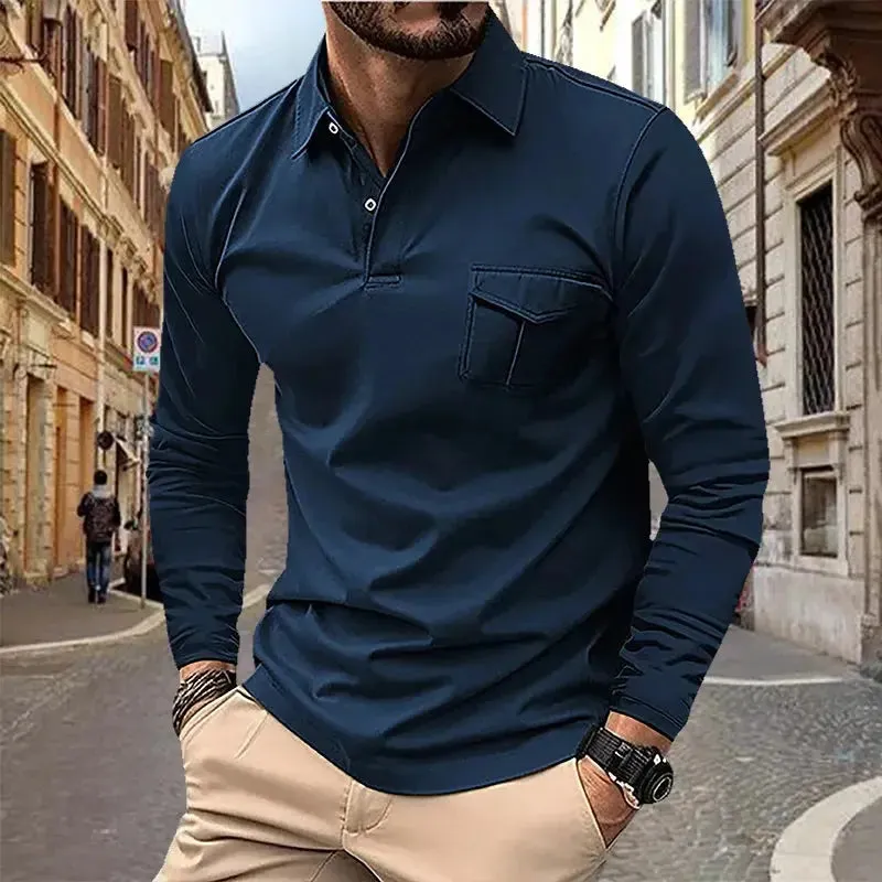 2024 Spring and Autumn European and American Men's Polo Shirt Lapel Pocket T-shirt Men's Breathable Business Casual Long sleeved