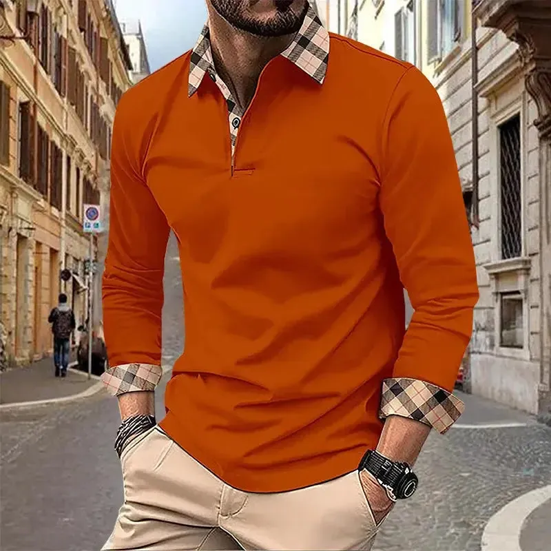 2024 Spring and Autumn European and American Men's Polo Shirt Lapel Pocket T-shirt Men's Breathable Business Casual Long sleeved