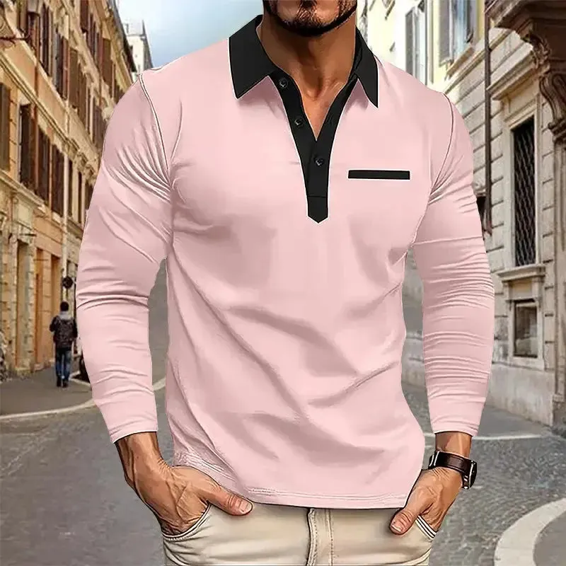 2024 Spring and Autumn European and American Men's Polo Shirt Lapel Pocket T-shirt Men's Breathable Business Casual Long sleeved