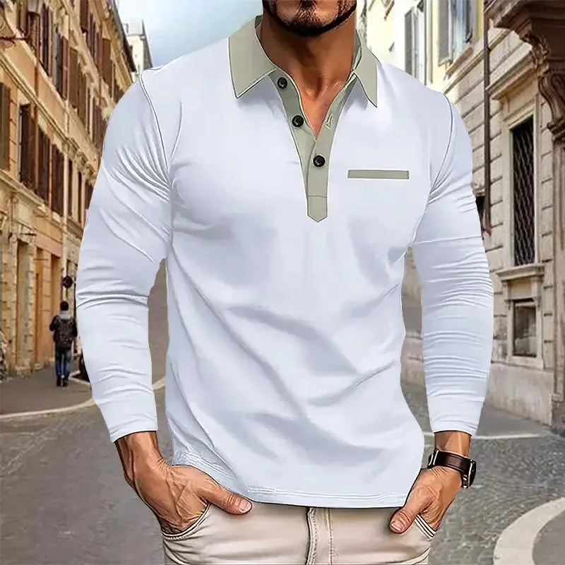 2024 Spring and Autumn European and American Men's Polo Shirt Lapel Pocket T-shirt Men's Breathable Business Casual Long sleeved