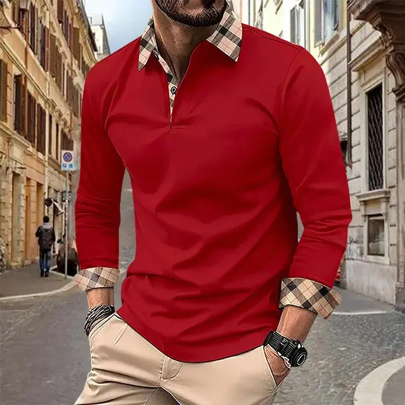 2024 Spring and Autumn European and American Men's Polo Shirt Lapel Pocket T-shirt Men's Breathable Business Casual Long sleeved