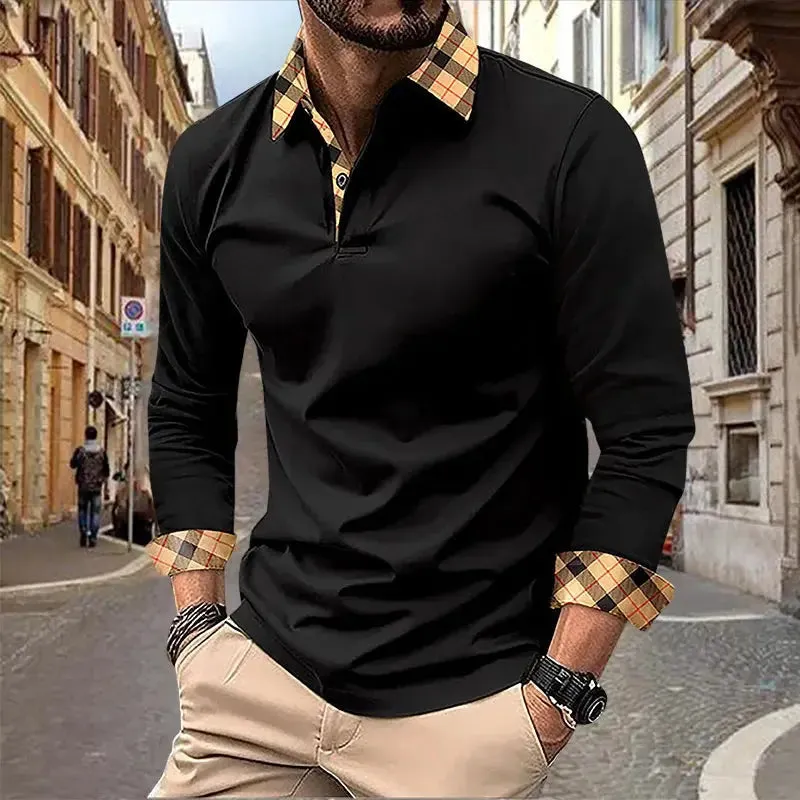 2024 Spring and Autumn European and American Men's Polo Shirt Lapel Pocket T-shirt Men's Breathable Business Casual Long sleeved