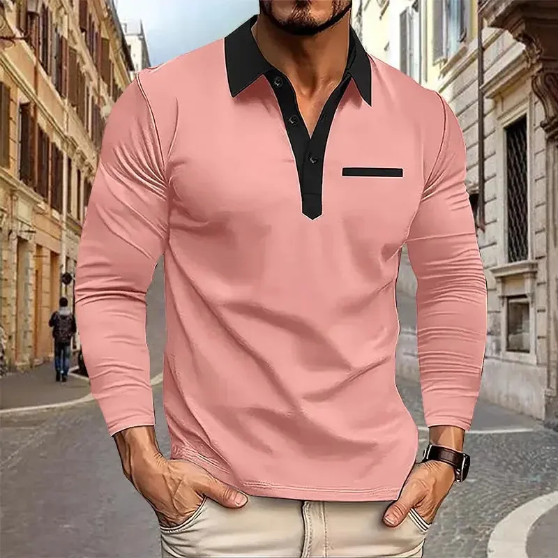 2024 Spring and Autumn European and American Men's Polo Shirt Lapel Pocket T-shirt Men's Breathable Business Casual Long sleeved