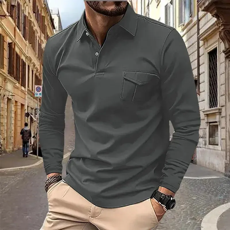 2024 Spring and Autumn European and American Men's Polo Shirt Lapel Pocket T-shirt Men's Breathable Business Casual Long sleeved