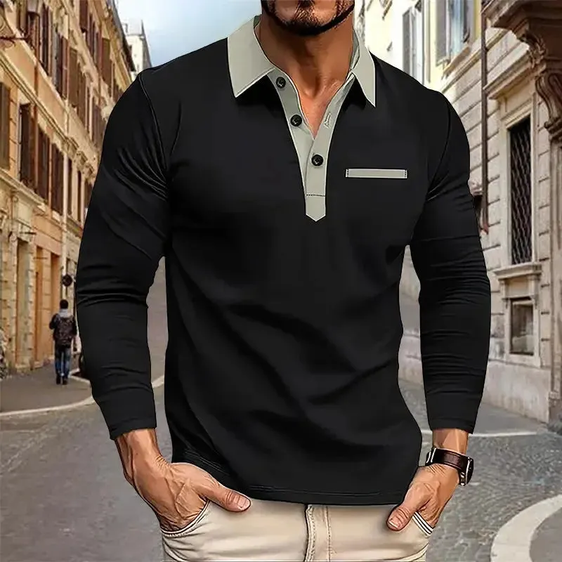 2024 Spring and Autumn European and American Men's Polo Shirt Lapel Pocket T-shirt Men's Breathable Business Casual Long sleeved