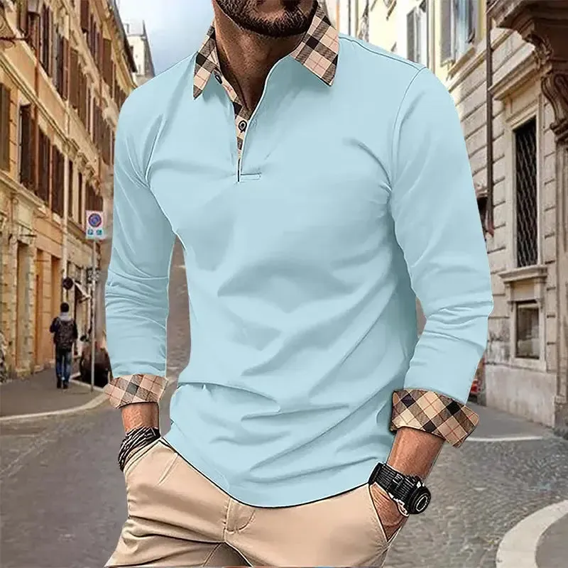 2024 Spring and Autumn European and American Men's Polo Shirt Lapel Pocket T-shirt Men's Breathable Business Casual Long sleeved