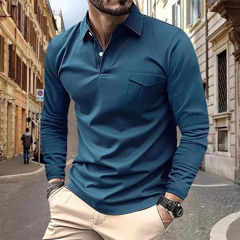 2024 Spring and Autumn European and American Men's Polo Shirt Lapel Pocket T-shirt Men's Breathable Business Casual Long sleeved