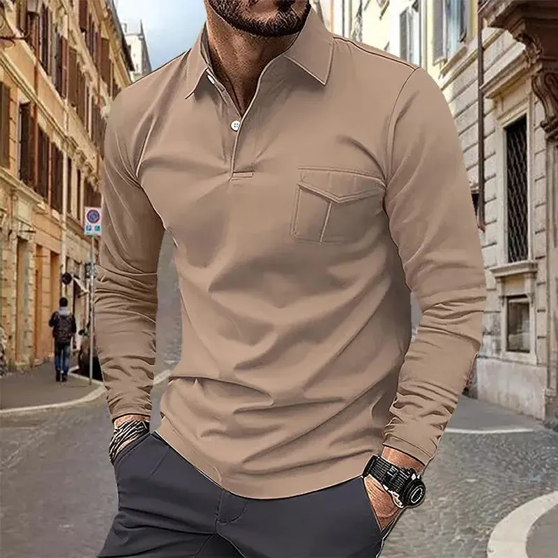 2024 Spring and Autumn European and American Men's Polo Shirt Lapel Pocket T-shirt Men's Breathable Business Casual Long sleeved