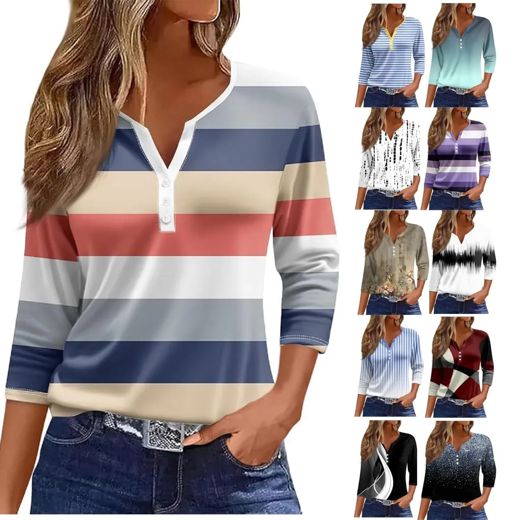 3/4 Length Sleeve Womens Plus Size Tops Button Down V Neck Casual Shirts Dressy Henley Blouses Fashion Fall Pullover Clothes