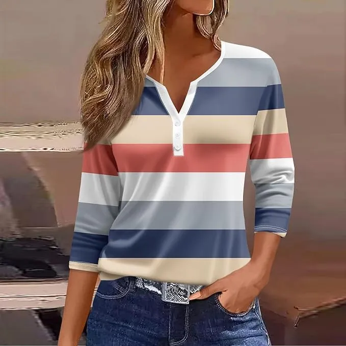 3/4 Length Sleeve Womens Plus Size Tops Button Down V Neck Casual Shirts Dressy Henley Blouses Fashion Fall Pullover Clothes