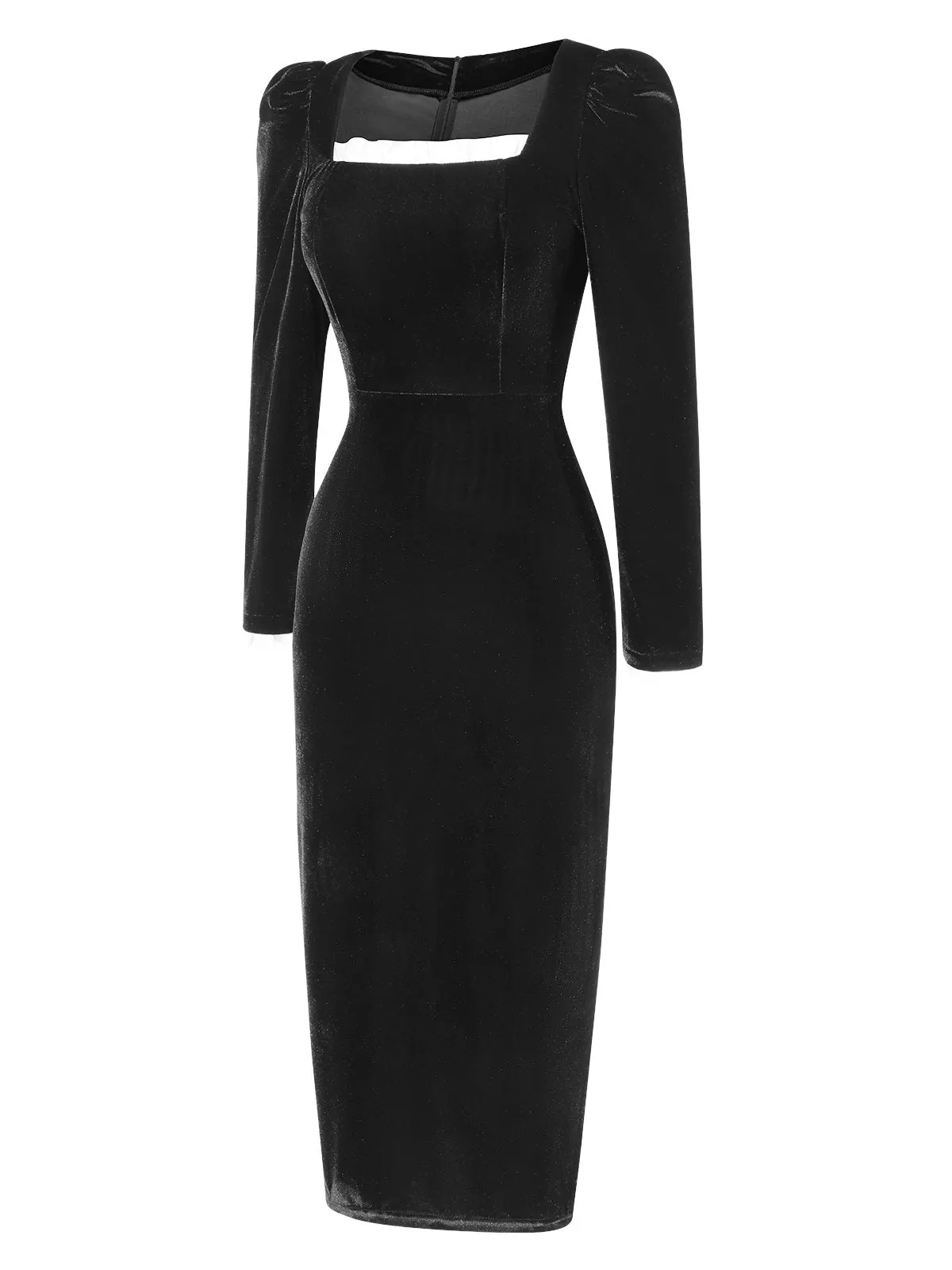 Black 1960s Solid Square Neck Velvet Dress