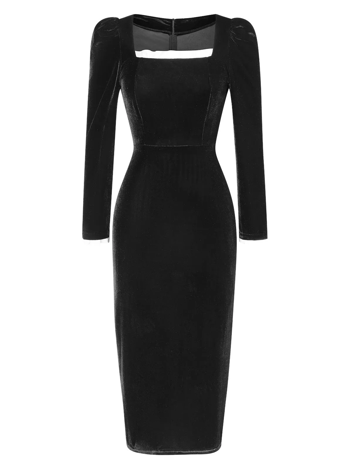 Black 1960s Solid Square Neck Velvet Dress