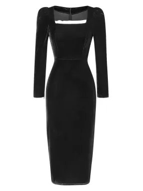 Black 1960s Solid Square Neck Velvet Dress