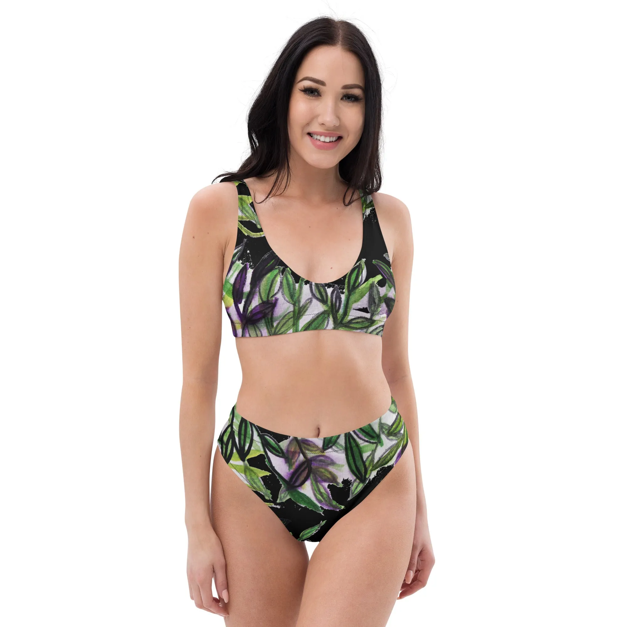 Black Tropical Swimwear, 2-pc Padded Comfy Recycled High-Waisted Bikini Set For Women - Made in USA/EU/MX  (US Size: 2XS-3XL)