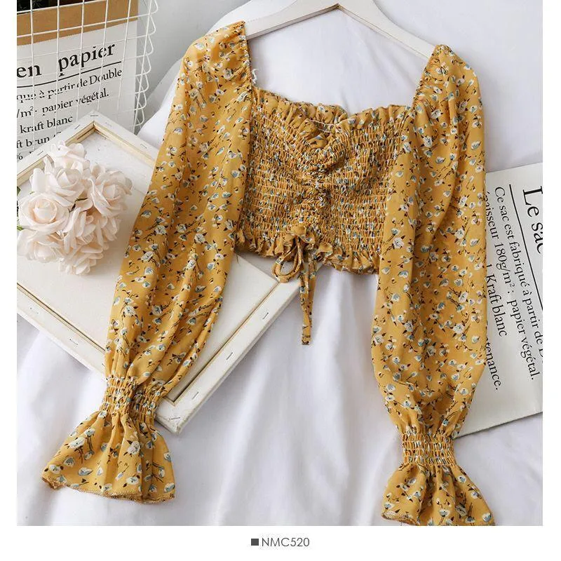 Boho Beach Print Blouses Shirt Women Long Sleeve Ruffle Short Blouse Tops Female Blusas