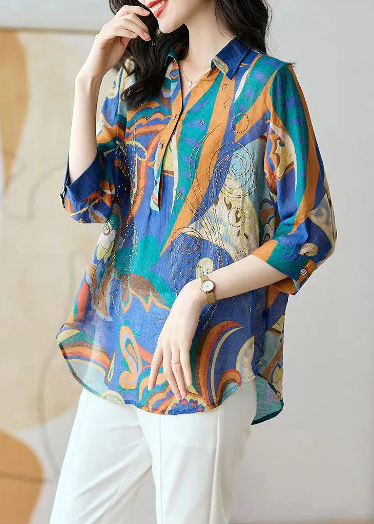 Boho Blue Button Zircon Patchwork Chiffon Shirt Tops Bracelet Sleeve LY5926