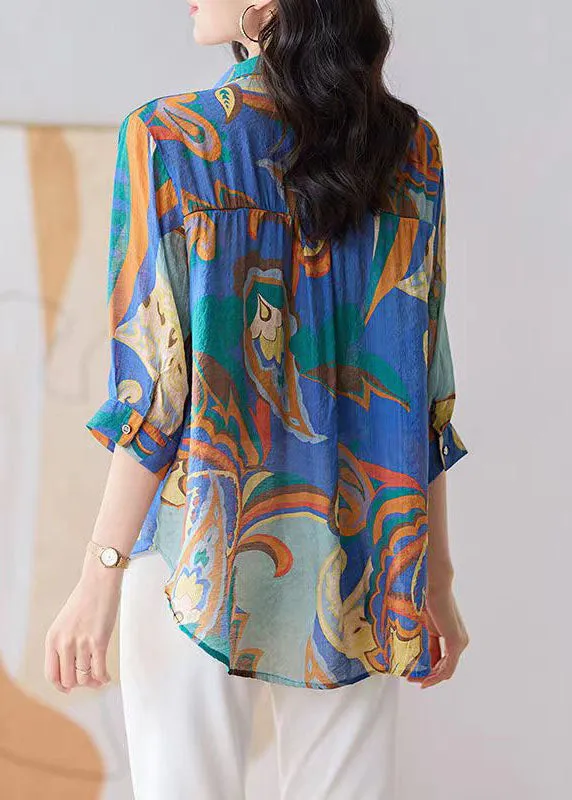 Boho Blue Button Zircon Patchwork Chiffon Shirt Tops Bracelet Sleeve LY5926