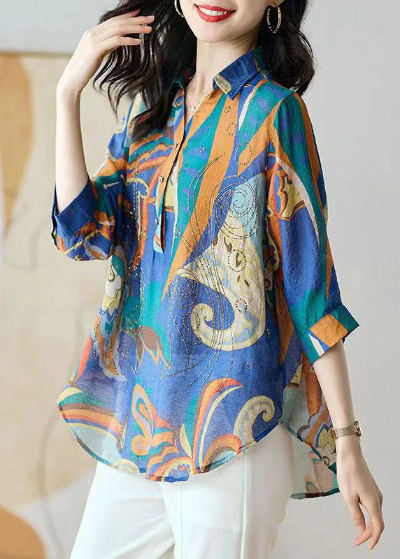 Boho Blue Button Zircon Patchwork Chiffon Shirt Tops Bracelet Sleeve LY5926