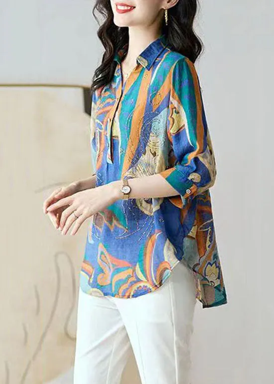 Boho Blue Button Zircon Patchwork Chiffon Shirt Tops Bracelet Sleeve LY5926