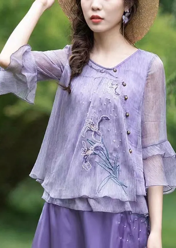 Boutique Purple Ruffled Embroidered Chiffon Blouse Tops Summer BV056