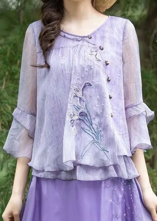 Boutique Purple Ruffled Embroidered Chiffon Blouse Tops Summer BV056