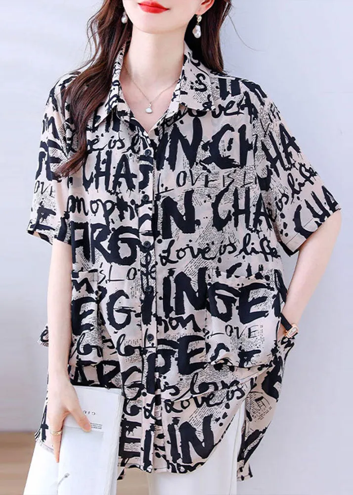 Casual Khaki Oversized Letter Print Chiffon Shirt Tops Summer YY017