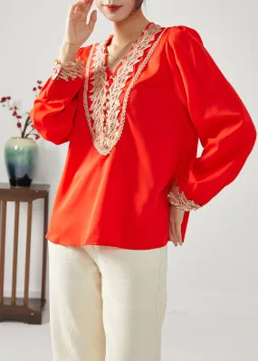 Classy Red V Neck Patchwork Draping Chiffon Tops Spring LC0384