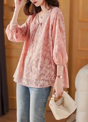 Cute Pink V Neck Chiffon Tops Bracelet Sleeve WW043