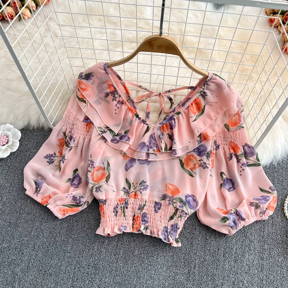 Cute v neck chiffon tops crop tops  S512