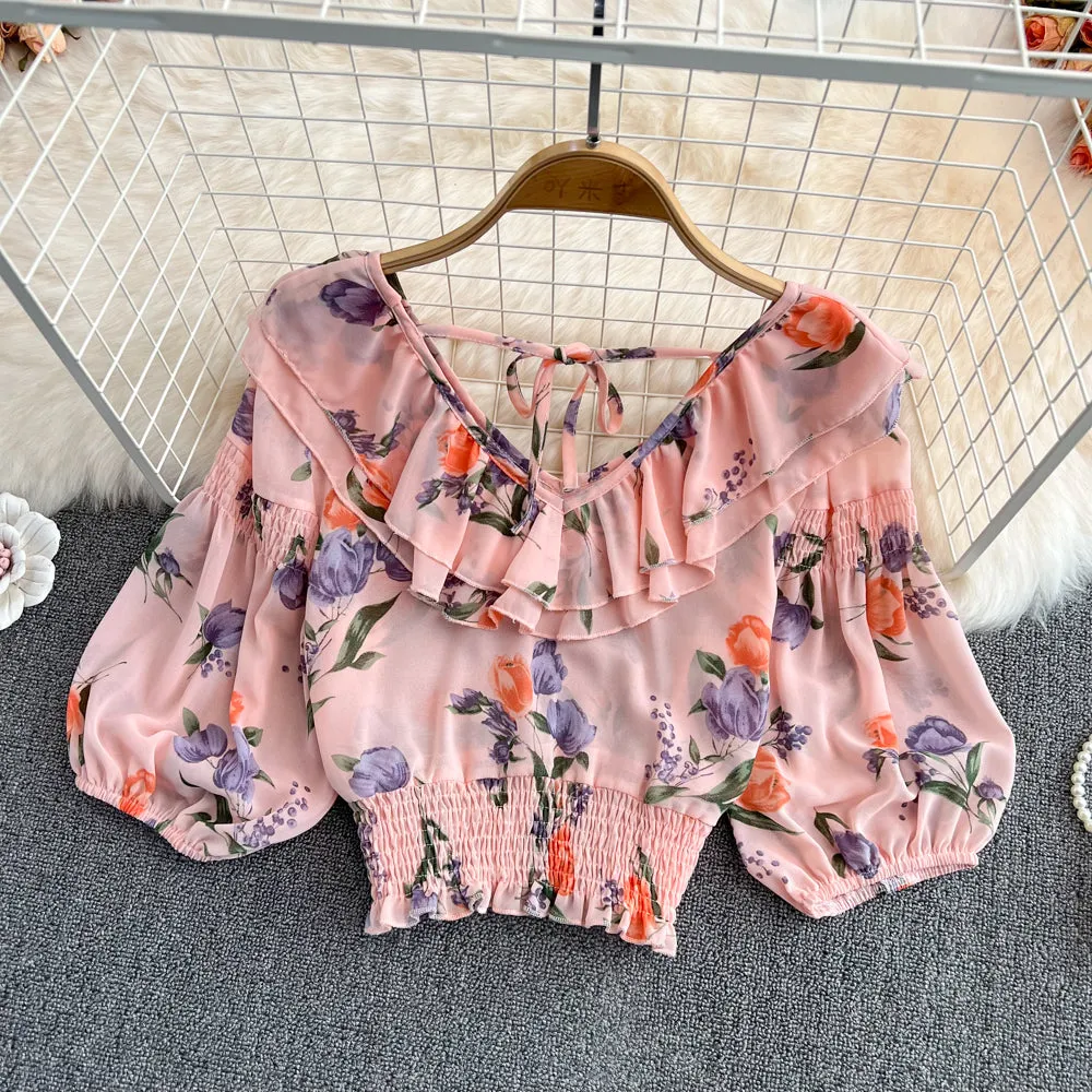 Cute v neck chiffon tops crop tops  S512