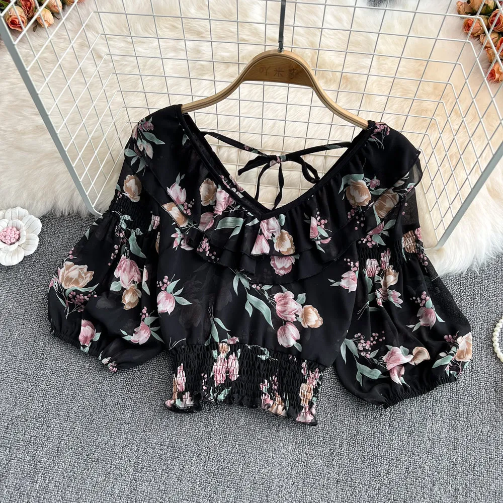 Cute v neck chiffon tops crop tops  S512