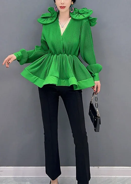 Diy Green V Neck Ruffled Patchwork Chiffon Shirt Tops Spring LC0344