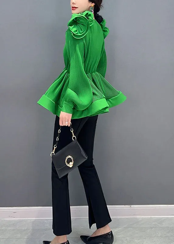 Diy Green V Neck Ruffled Patchwork Chiffon Shirt Tops Spring LC0344