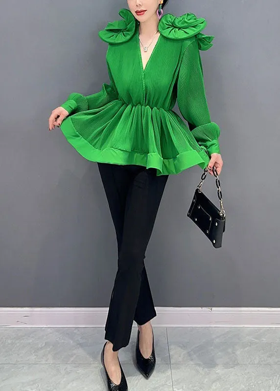 Diy Green V Neck Ruffled Patchwork Chiffon Shirt Tops Spring LC0344