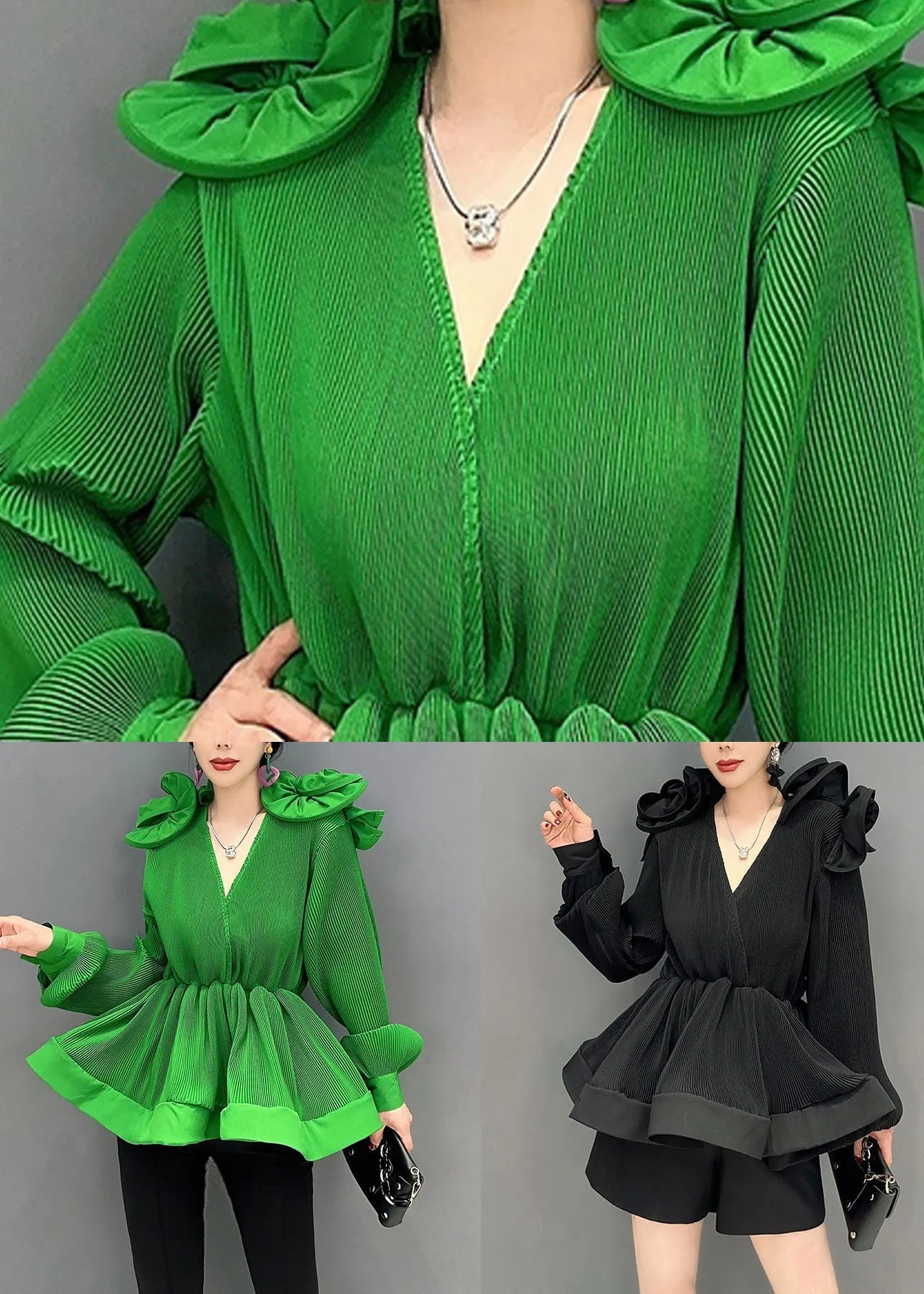 Diy Green V Neck Ruffled Patchwork Chiffon Shirt Tops Spring LC0344