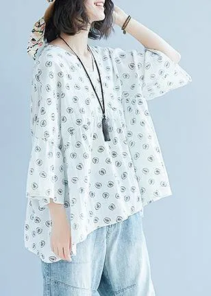 DIY White Print Chiffon Blouse Korea Batwing Sleeve V Neck Tunic Summer Shirt﻿