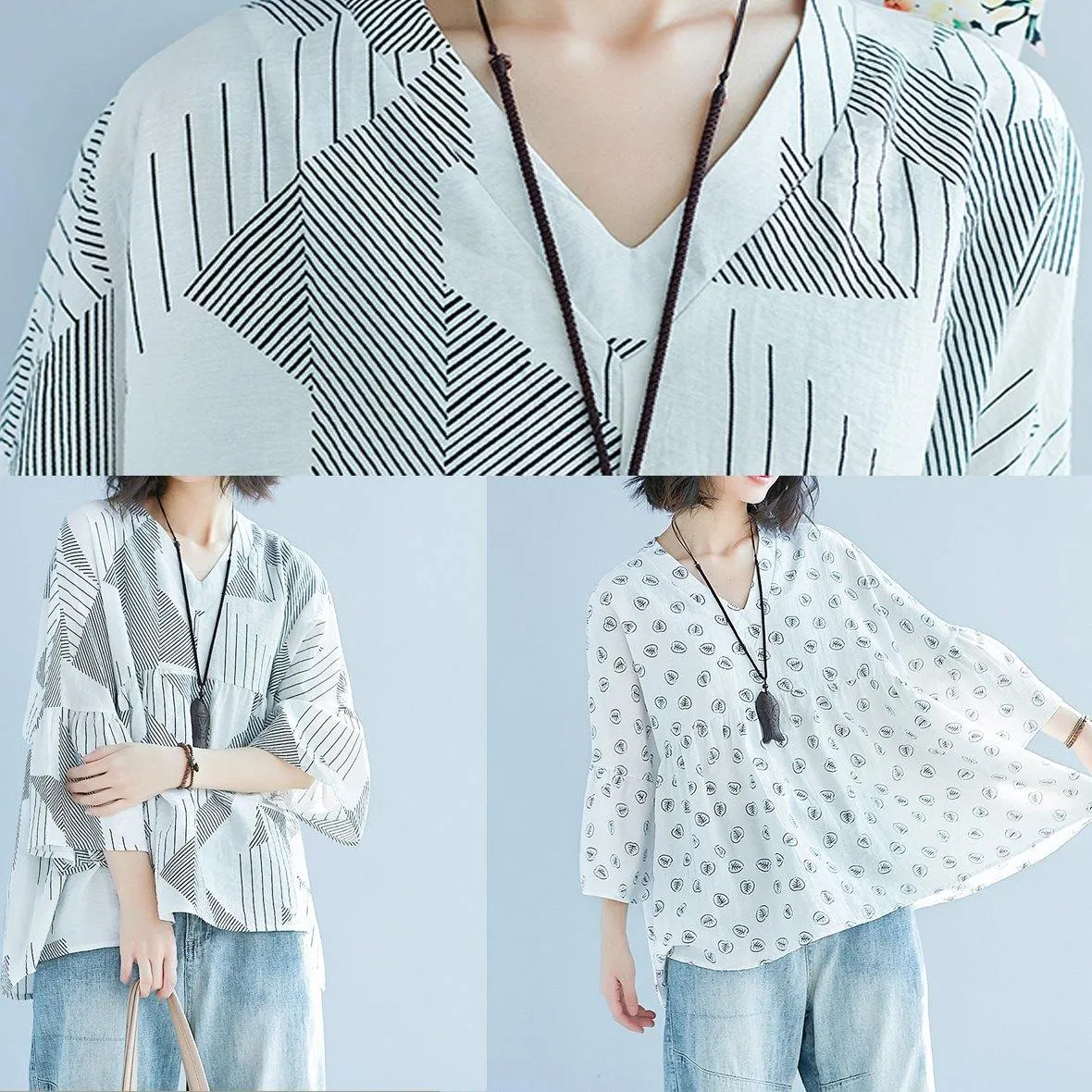 DIY White Print Chiffon Blouse Korea Batwing Sleeve V Neck Tunic Summer Shirt﻿