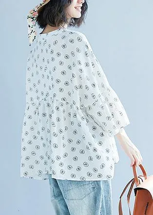 DIY White Print Chiffon Blouse Korea Batwing Sleeve V Neck Tunic Summer Shirt﻿