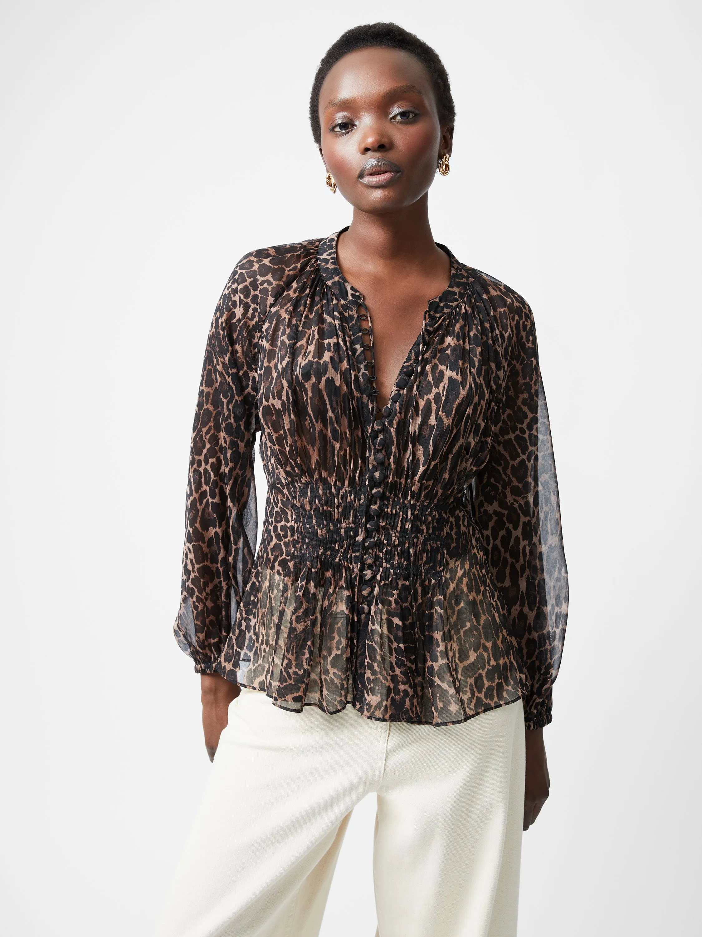 Emina Chiffon Leopard Print Long Sleeve Top