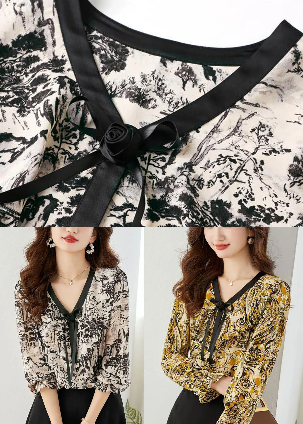 Fitted Black V Neck Tie Dye Chiffon Shirt Tops Lantern Sleeve LY0038