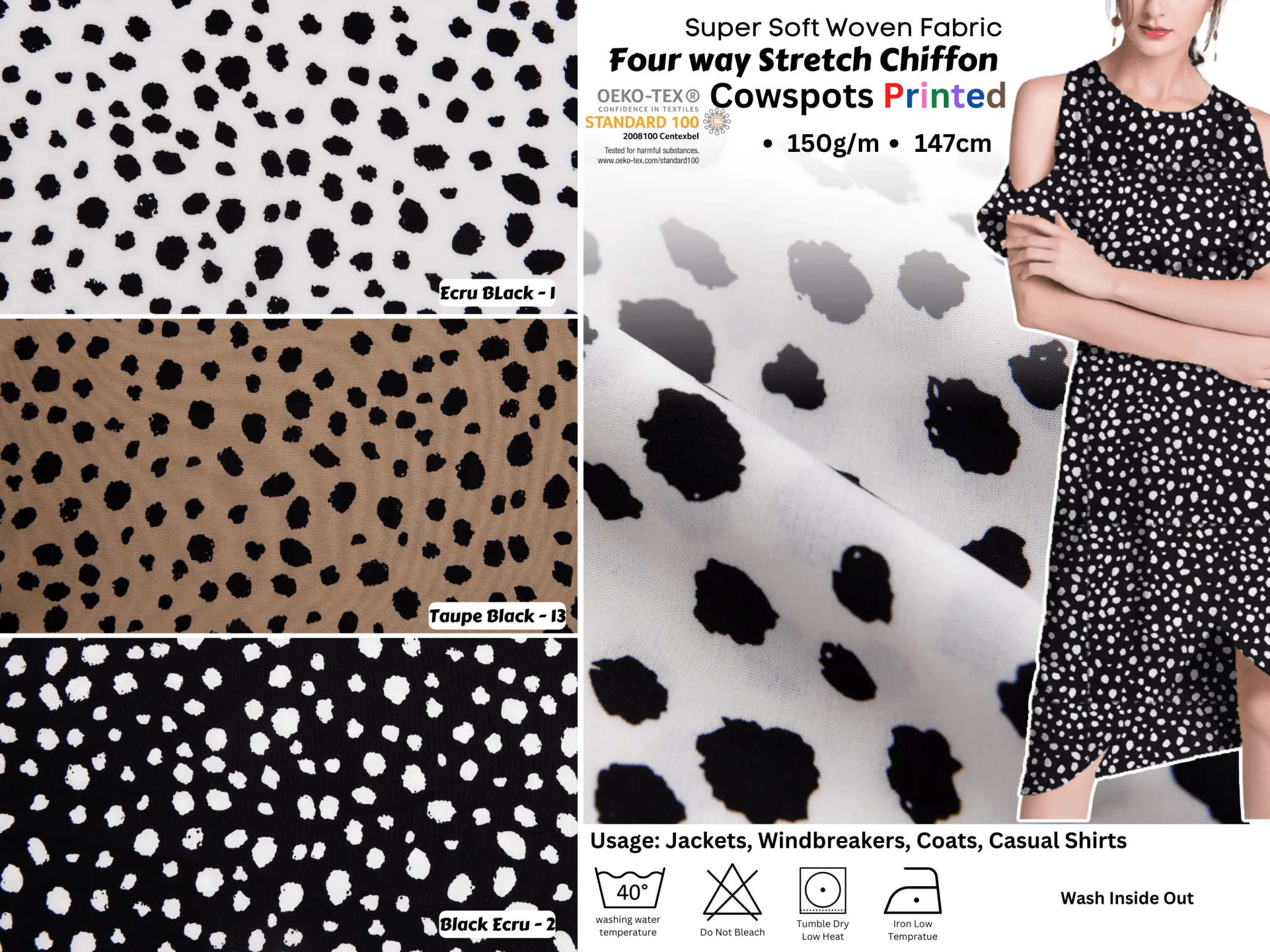 Four way Stretch Chiffon Cow Spots Printed