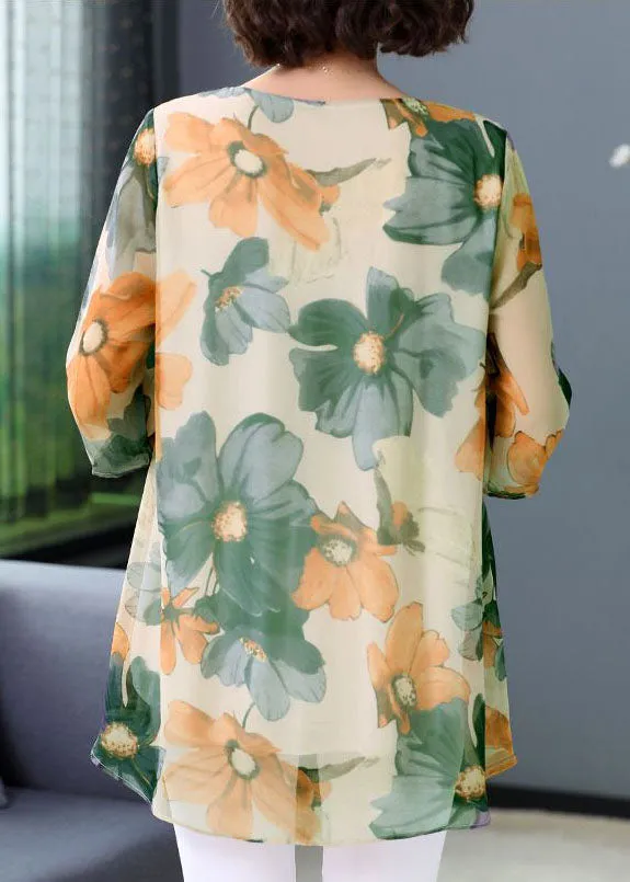 Green Print Patchwork Chiffon T Shirt Tops O Neck Summer TP1034