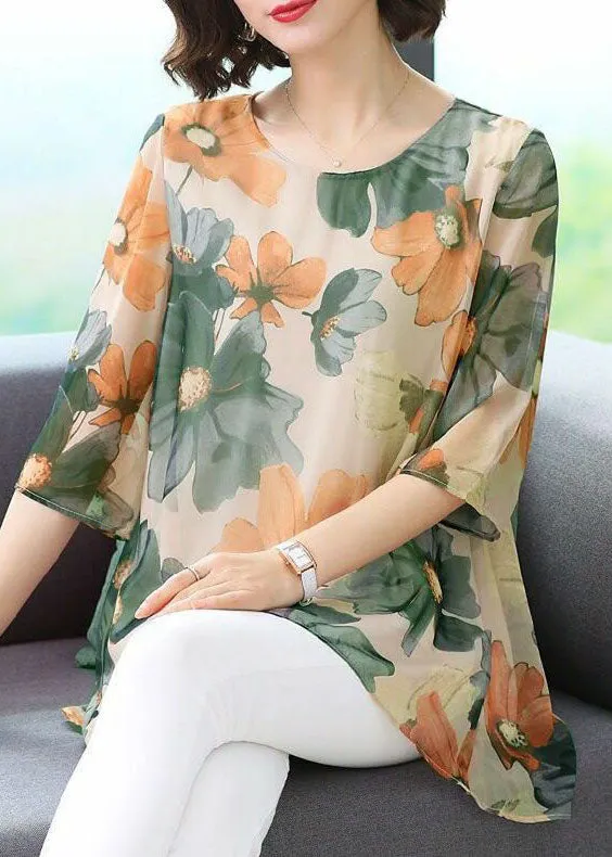 Green Print Patchwork Chiffon T Shirt Tops O Neck Summer TP1034