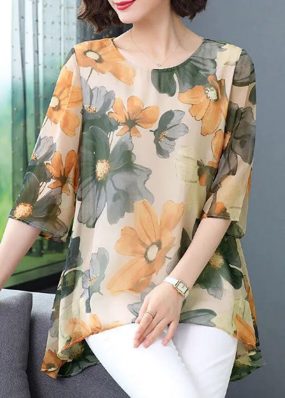 Green Print Patchwork Chiffon T Shirt Tops O Neck Summer TP1034