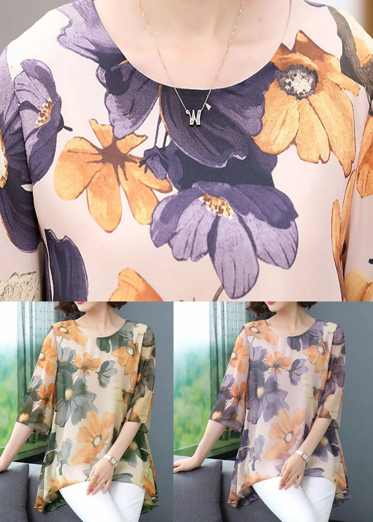 Green Print Patchwork Chiffon T Shirt Tops O Neck Summer TP1034