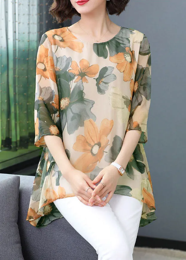 Green Print Patchwork Chiffon T Shirt Tops O Neck Summer TP1034