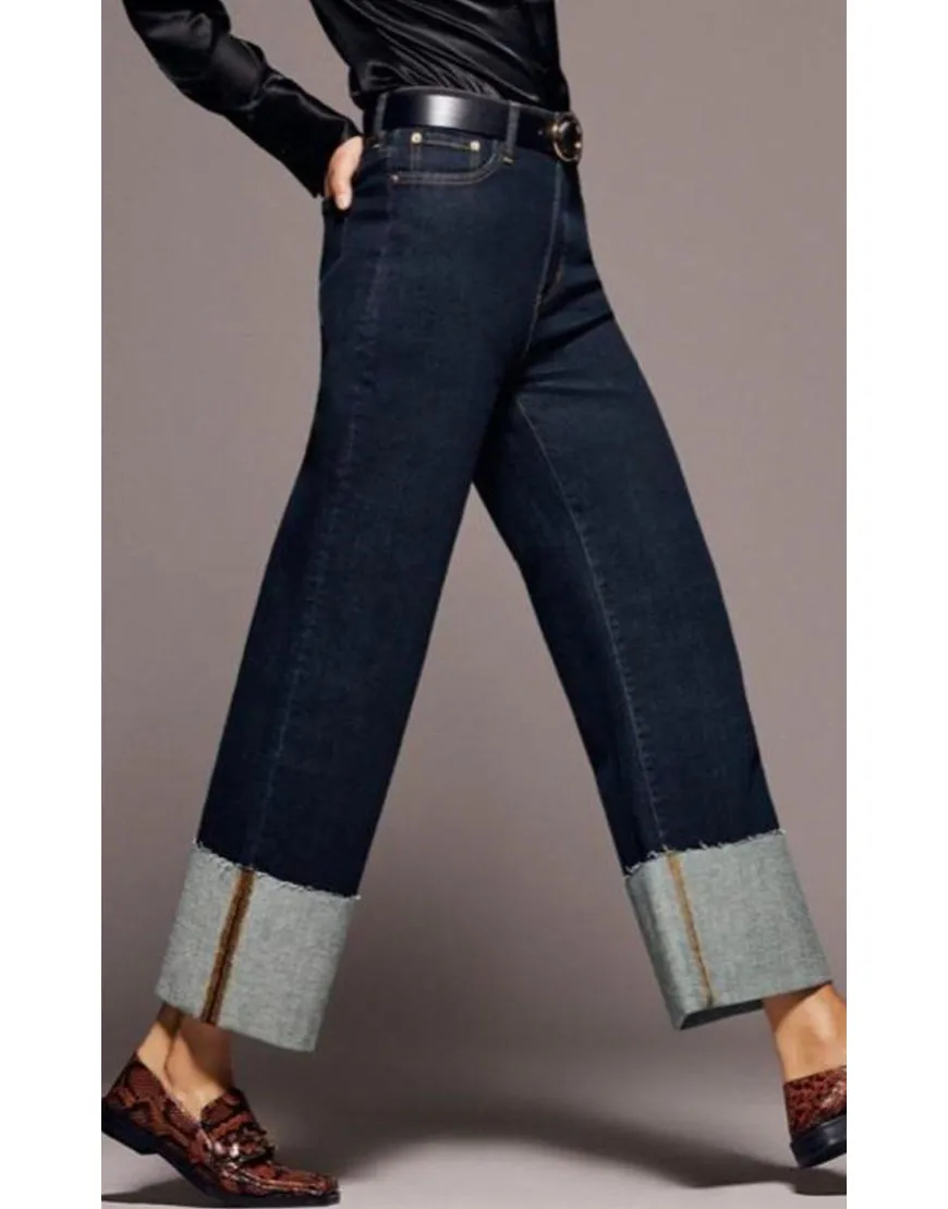 High Rise Wide Leg Jeans With Folded Hem in Dark Blue