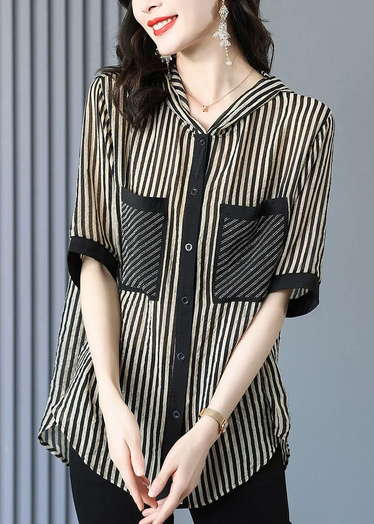 Italian Striped Hooded Pockets Patchwork Chiffon Shirt Tops Summer LY6690