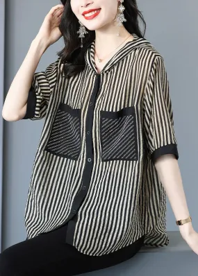 Italian Striped Hooded Pockets Patchwork Chiffon Shirt Tops Summer LY6690